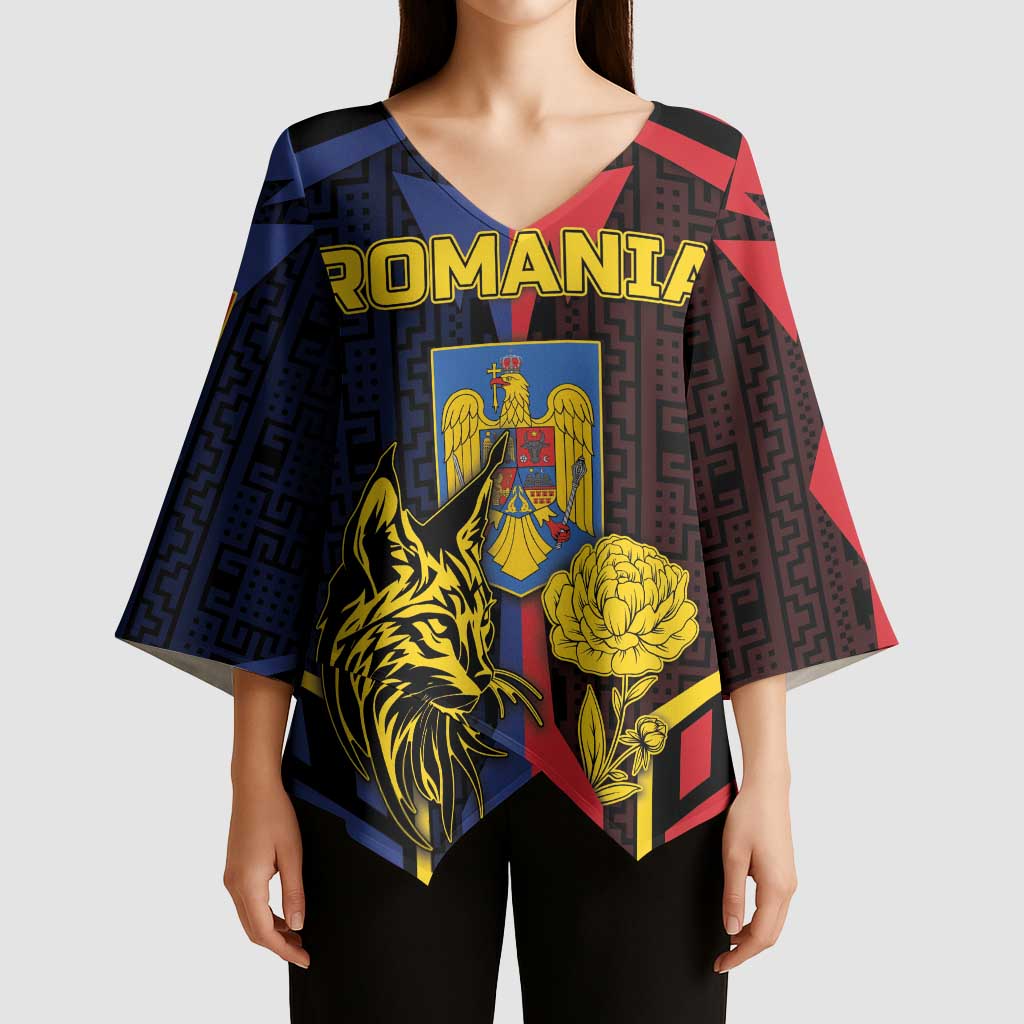 Personalized Romania Kimono Sleeve Blouse The Eurasian Lynx With The Peony - Wonder Print Shop