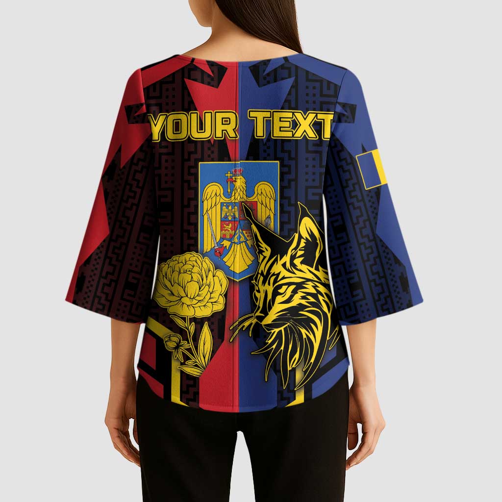 Personalized Romania Kimono Sleeve Blouse The Eurasian Lynx With The Peony - Wonder Print Shop