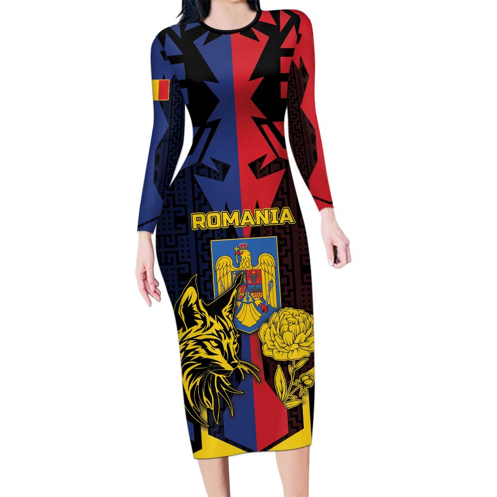 Personalized Romania Long Sleeve Bodycon Dress The Eurasian Lynx With The Peony - Wonder Print Shop