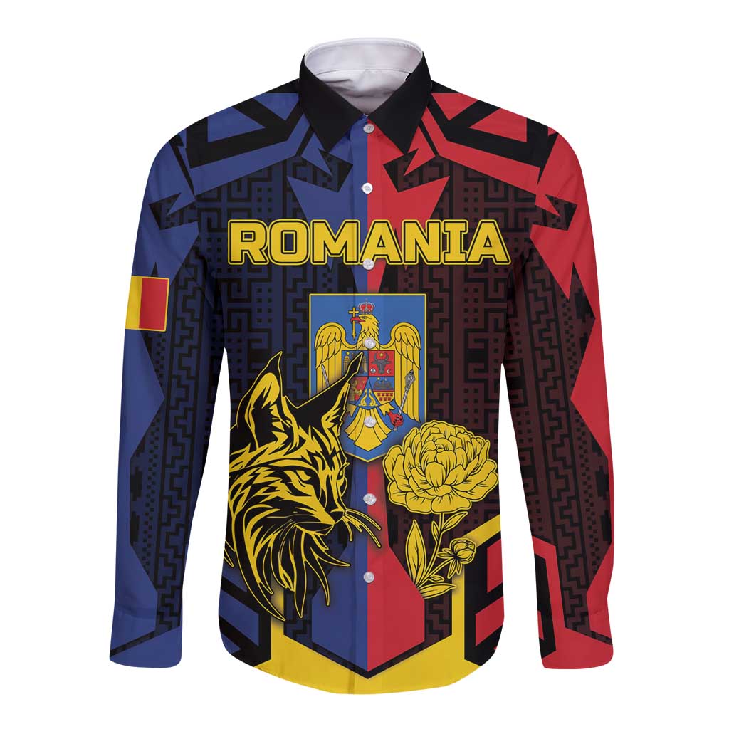 Personalized Romania Long Sleeve Button Shirt The Eurasian Lynx With The Peony - Wonder Print Shop