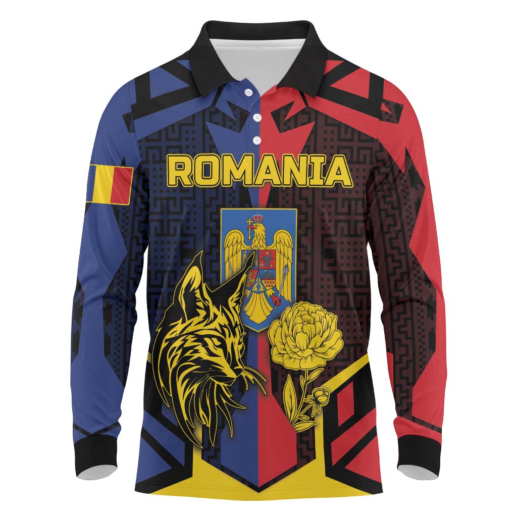 Personalized Romania Long Sleeve Polo Shirt The Eurasian Lynx With The Peony - Wonder Print Shop