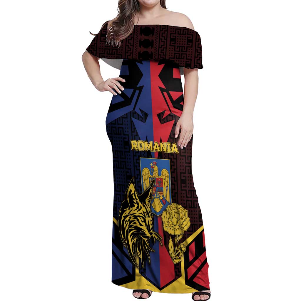 Personalized Romania Off Shoulder Maxi Dress The Eurasian Lynx With The Peony - Wonder Print Shop