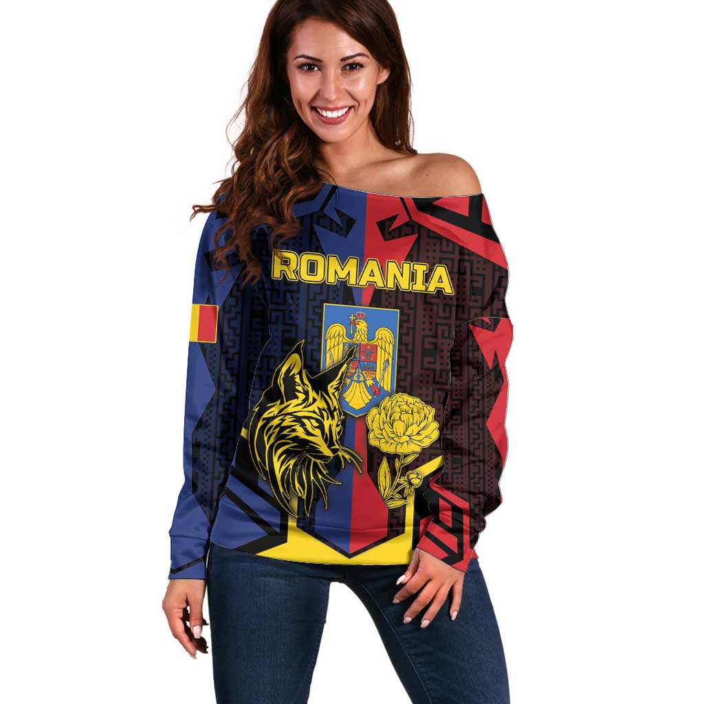 Personalized Romania Off Shoulder Sweater The Eurasian Lynx With The Peony - Wonder Print Shop