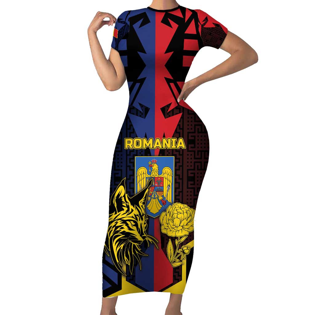 Personalized Romania Short Sleeve Bodycon Dress The Eurasian Lynx With The Peony - Wonder Print Shop