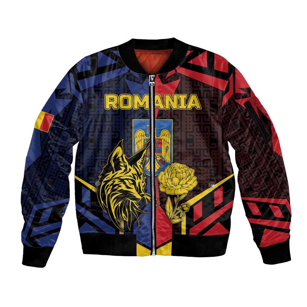 Personalized Romania Sleeve Zip Bomber Jacket The Eurasian Lynx With The Peony - Wonder Print Shop
