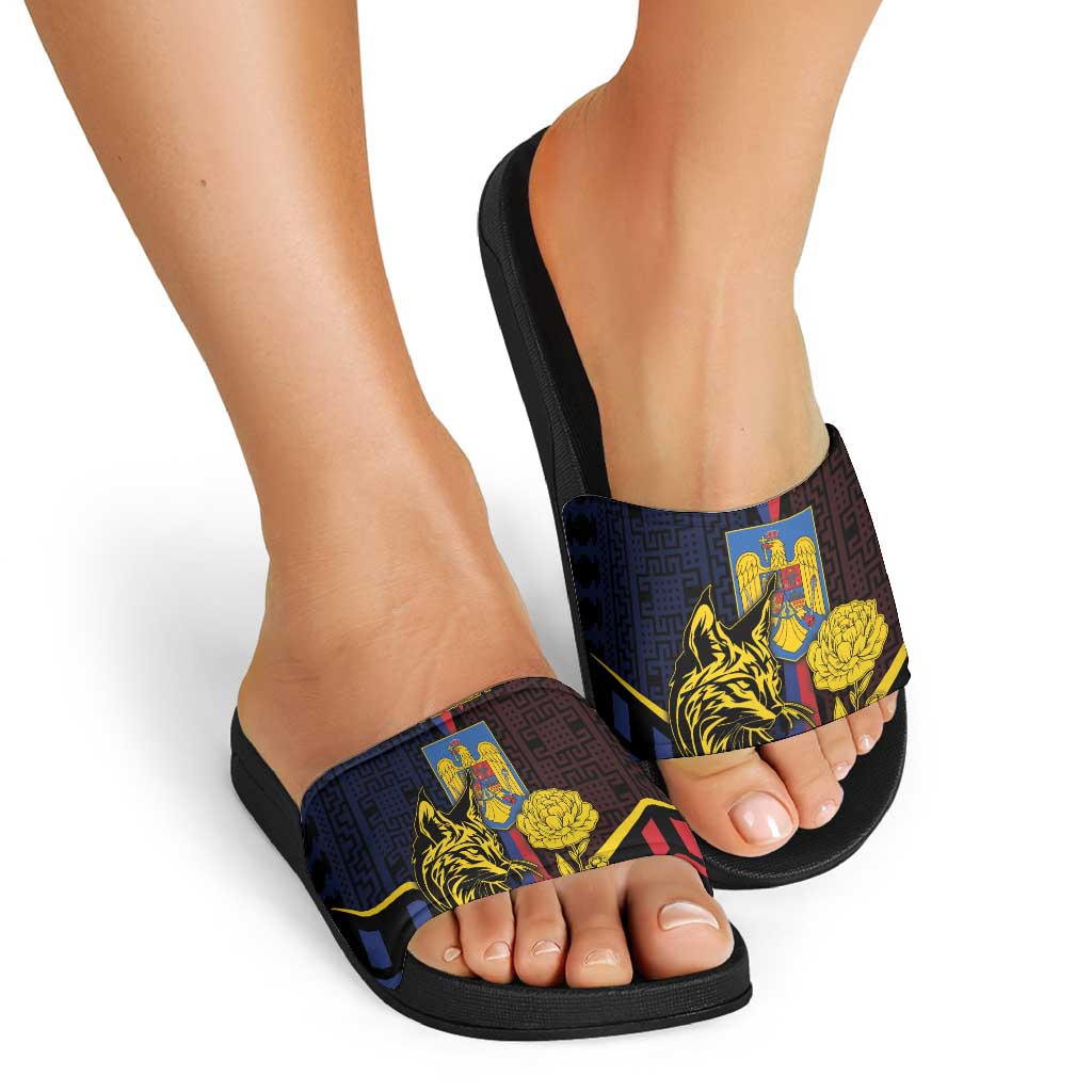 Romania Slide Sandals The Eurasian Lynx With The Peony - Wonder Print Shop