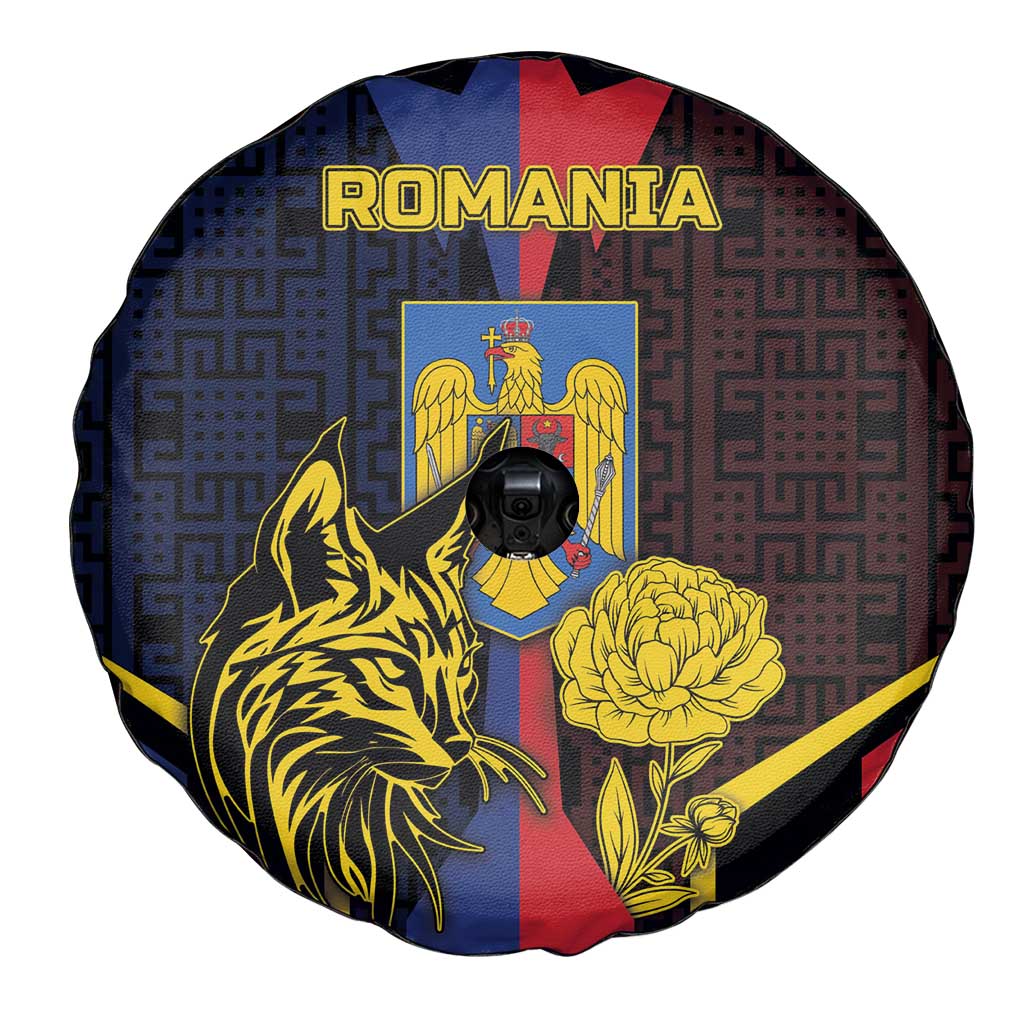 Romania Spare Tire Cover The Eurasian Lynx With The Peony - Wonder Print Shop