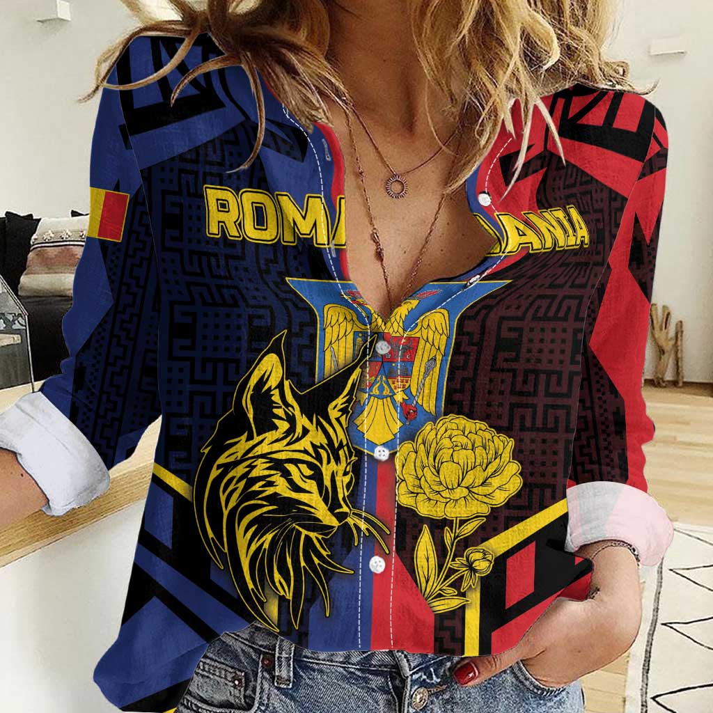 Personalized Romania Women Casual Shirt The Eurasian Lynx With The Peony - Wonder Print Shop