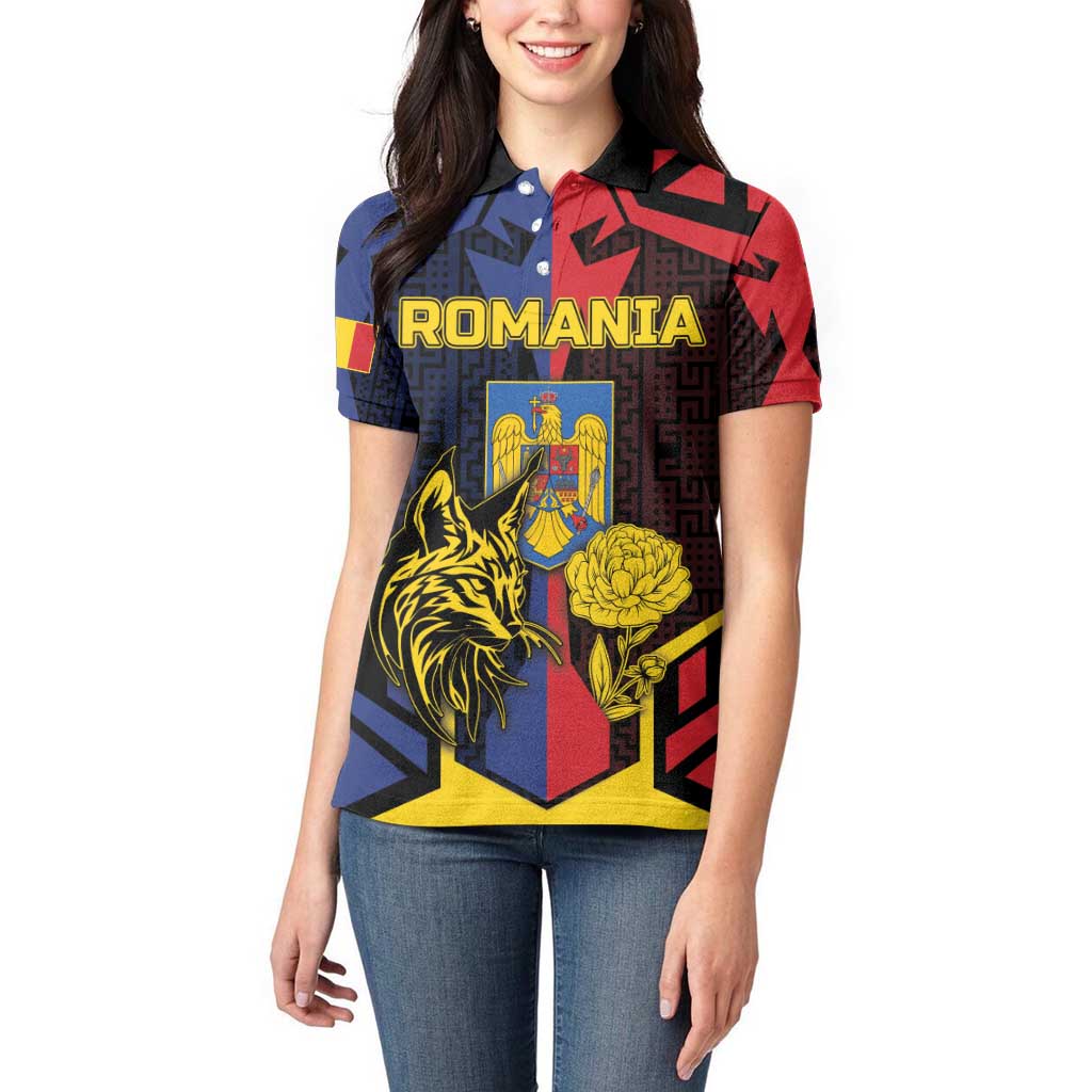Personalized Romania Women Polo Shirt The Eurasian Lynx With The Peony - Wonder Print Shop