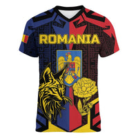 Personalized Romania Women V-Neck T-Shirt The Eurasian Lynx With The Peony - Wonder Print Shop