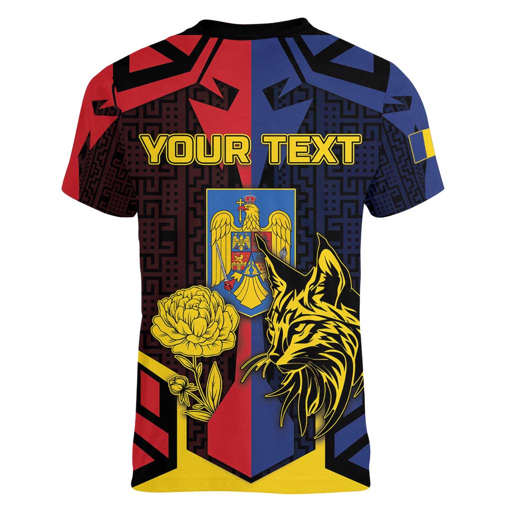 Personalized Romania Women V-Neck T-Shirt The Eurasian Lynx With The Peony - Wonder Print Shop