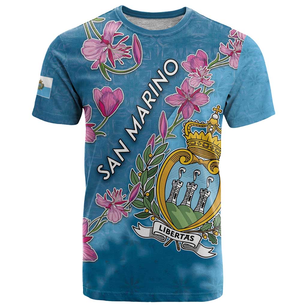 Personalized San Marino T Shirt The Cyclamen Cyprium With Coat Of Arms - Wonder Print Shop
