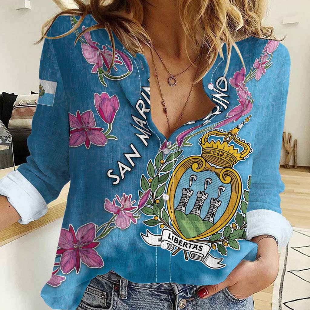 Personalized San Marino Women Casual Shirt The Cyclamen Cyprium With Coat Of Arms - Wonder Print Shop