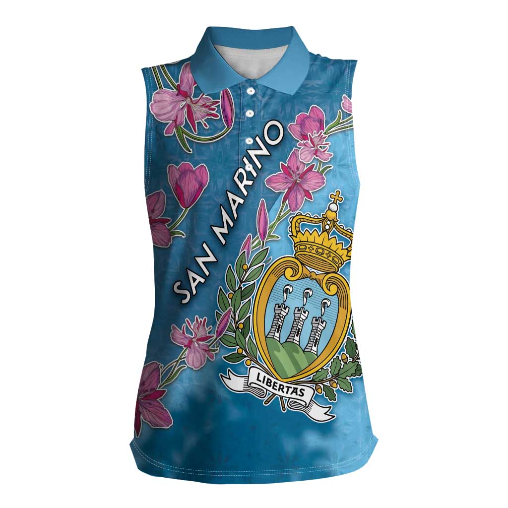 Personalized San Marino Women Sleeveless Polo Shirt The Cyclamen Cyprium With Coat Of Arms - Wonder Print Shop
