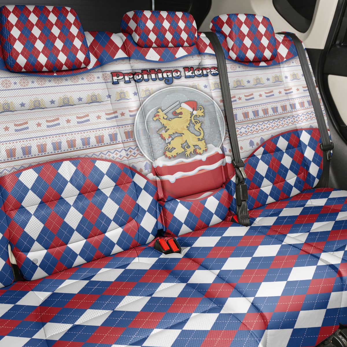 Netherlands Christmas Back Car Seat Cover Lion Symbol In Snow Globe - Wonder Print Shop