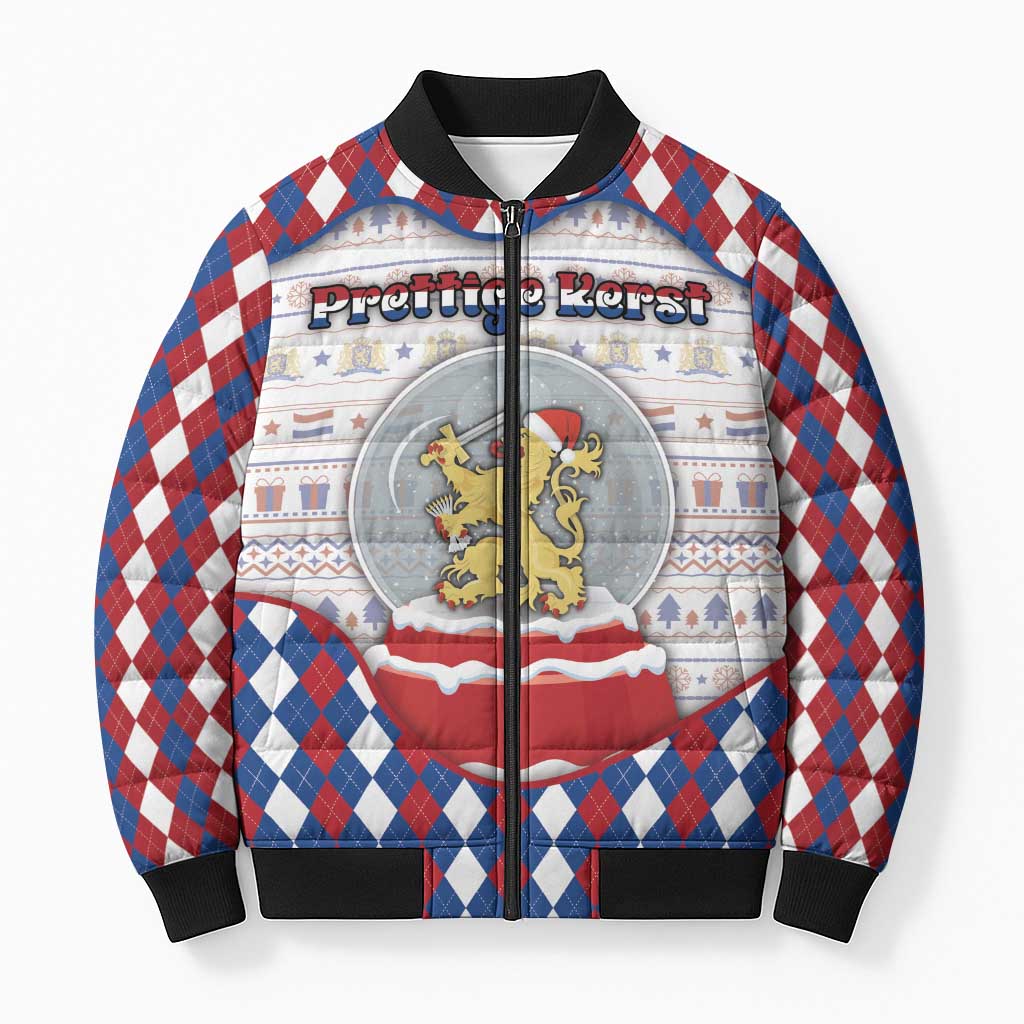 Netherlands Christmas Bomber Puffer Jacket Lion Symbol In Snow Globe - Wonder Print Shop