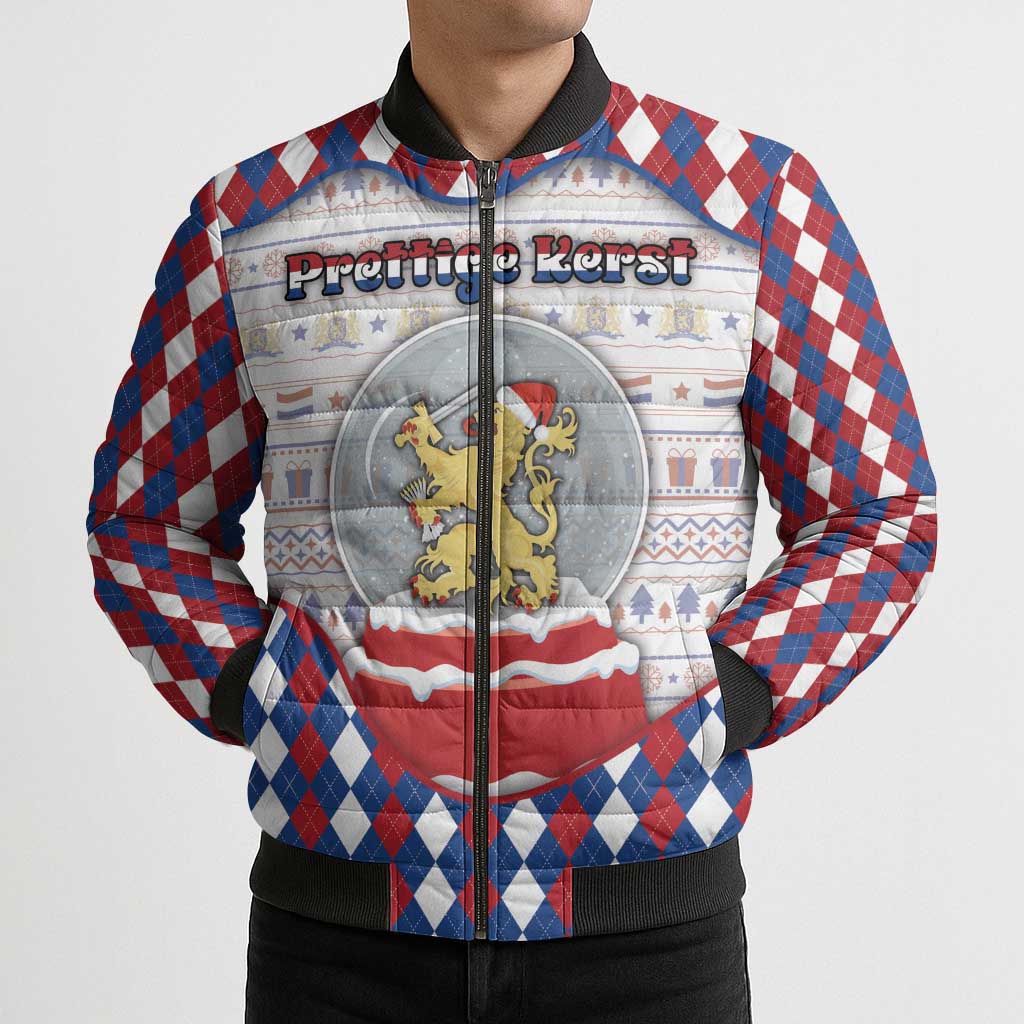 Netherlands Christmas Bomber Puffer Jacket Lion Symbol In Snow Globe - Wonder Print Shop