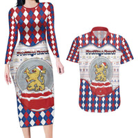 Netherlands Christmas Couples Matching Long Sleeve Bodycon Dress and Hawaiian Shirt Lion Symbol In Snow Globe - Wonder Print Shop