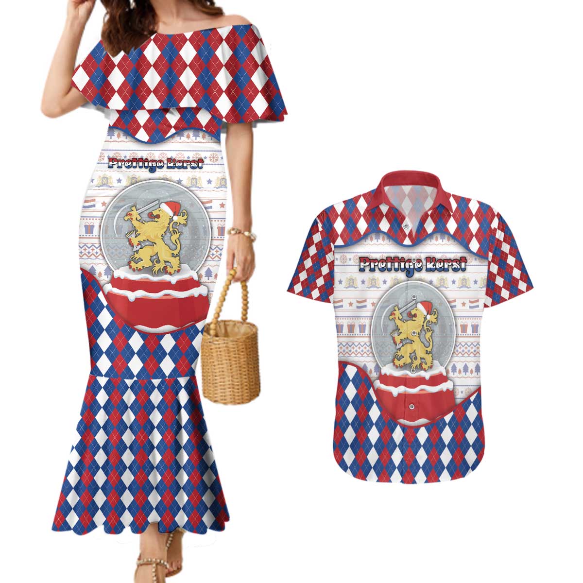 Netherlands Christmas Couples Matching Mermaid Dress and Hawaiian Shirt Lion Symbol In Snow Globe - Wonder Print Shop