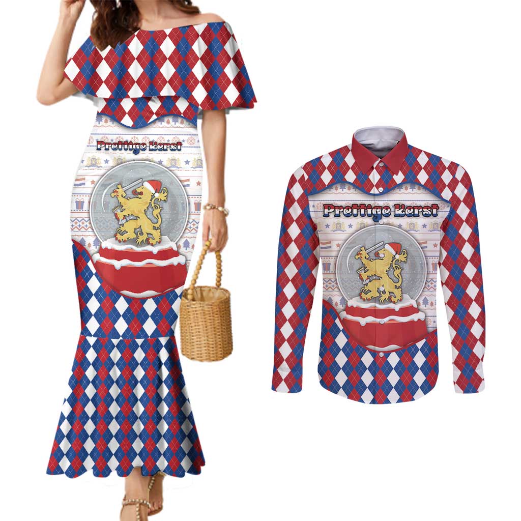 Netherlands Christmas Couples Matching Mermaid Dress and Long Sleeve Button Shirt Lion Symbol In Snow Globe - Wonder Print Shop