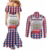 Netherlands Christmas Couples Matching Mermaid Dress and Long Sleeve Button Shirt Lion Symbol In Snow Globe - Wonder Print Shop