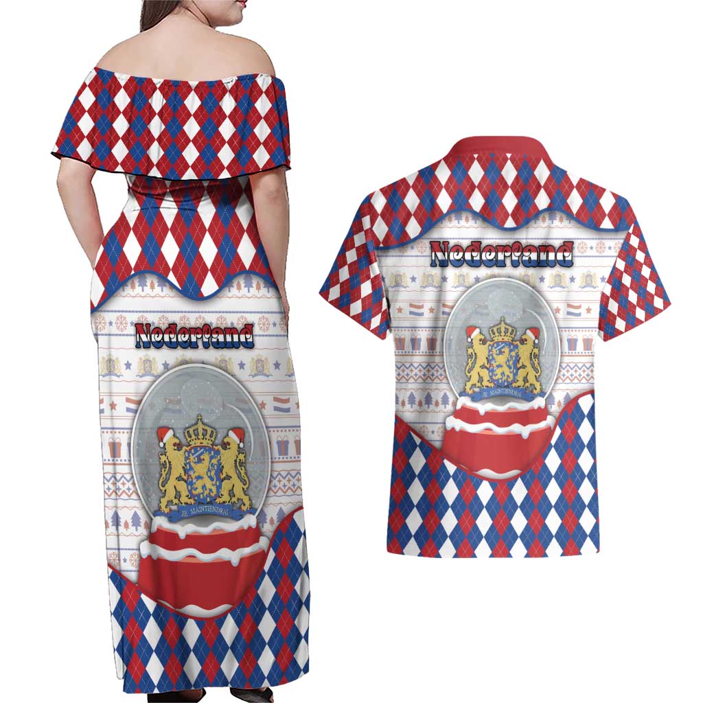 Netherlands Christmas Couples Matching Off Shoulder Maxi Dress and Hawaiian Shirt Lion Symbol In Snow Globe - Wonder Print Shop
