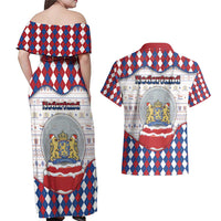 Netherlands Christmas Couples Matching Off Shoulder Maxi Dress and Hawaiian Shirt Lion Symbol In Snow Globe - Wonder Print Shop