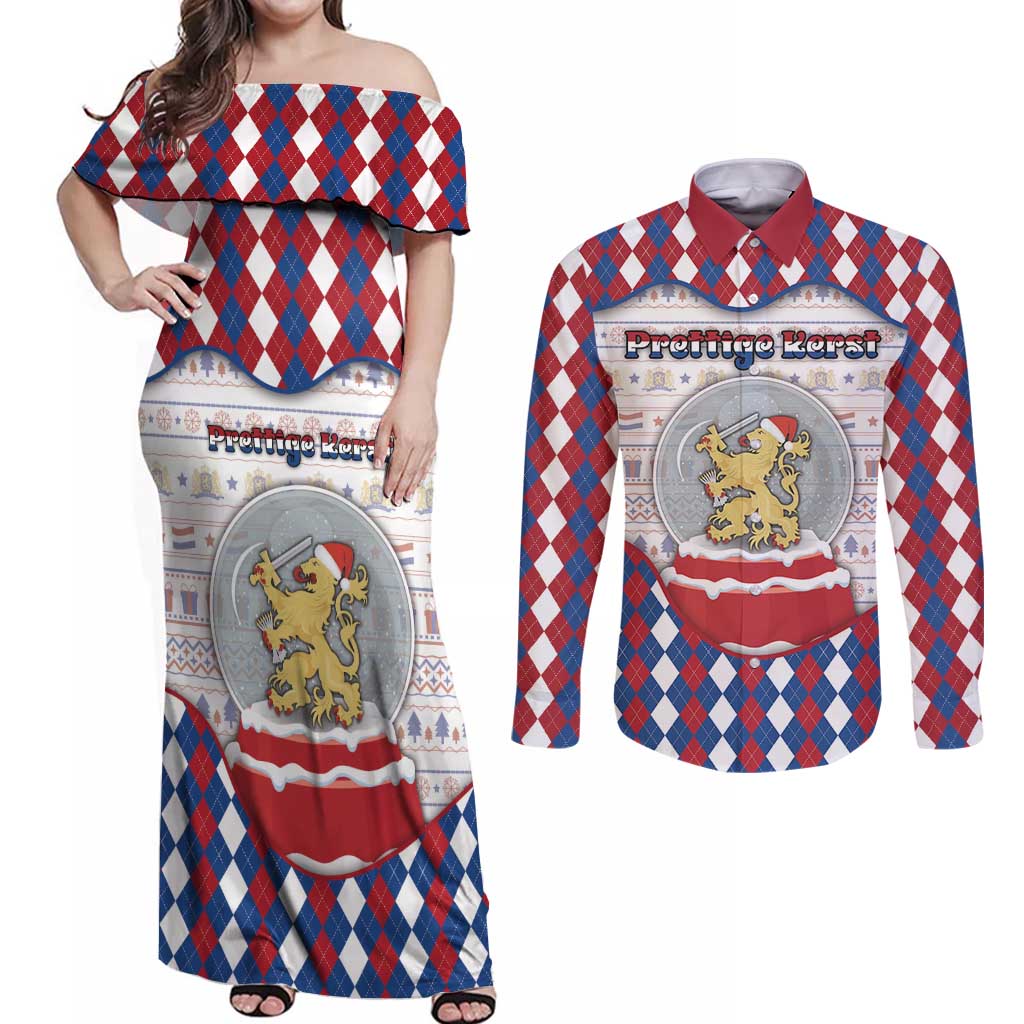 Netherlands Christmas Couples Matching Off Shoulder Maxi Dress and Long Sleeve Button Shirt Lion Symbol In Snow Globe - Wonder Print Shop