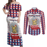 Netherlands Christmas Couples Matching Off Shoulder Maxi Dress and Long Sleeve Button Shirt Lion Symbol In Snow Globe - Wonder Print Shop