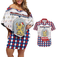Netherlands Christmas Couples Matching Off Shoulder Short Dress and Hawaiian Shirt Lion Symbol In Snow Globe - Wonder Print Shop