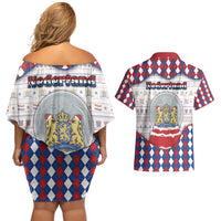 Netherlands Christmas Couples Matching Off Shoulder Short Dress and Hawaiian Shirt Lion Symbol In Snow Globe - Wonder Print Shop