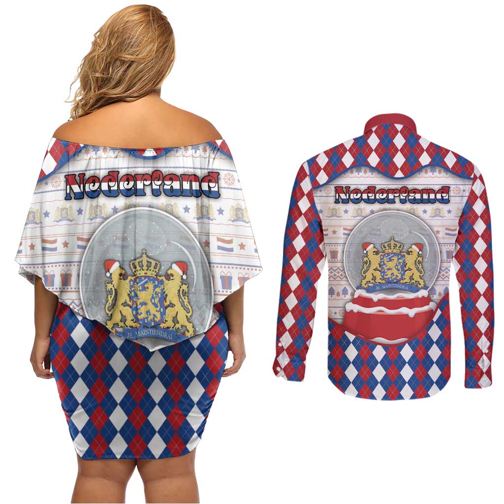 Netherlands Christmas Couples Matching Off Shoulder Short Dress and Long Sleeve Button Shirt Lion Symbol In Snow Globe - Wonder Print Shop