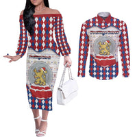Netherlands Christmas Couples Matching Off The Shoulder Long Sleeve Dress and Long Sleeve Button Shirt Lion Symbol In Snow Globe - Wonder Print Shop