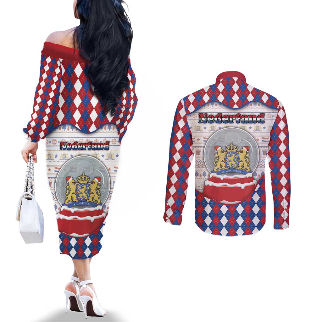 Netherlands Christmas Couples Matching Off The Shoulder Long Sleeve Dress and Long Sleeve Button Shirt Lion Symbol In Snow Globe - Wonder Print Shop