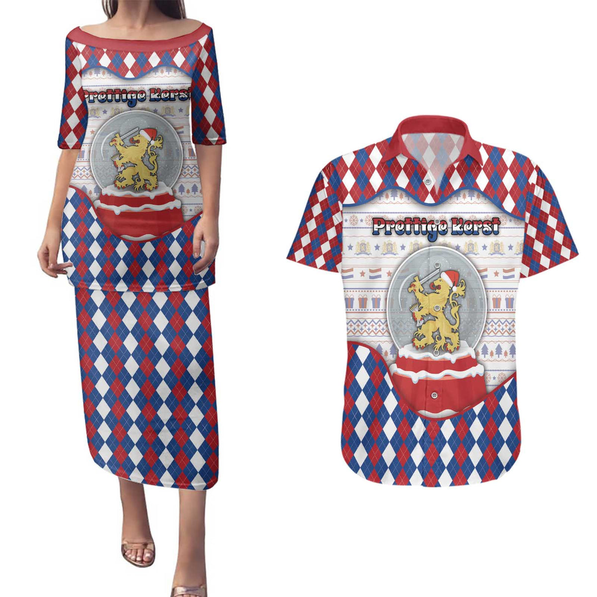 Netherlands Christmas Couples Matching Puletasi and Hawaiian Shirt Lion Symbol In Snow Globe - Wonder Print Shop