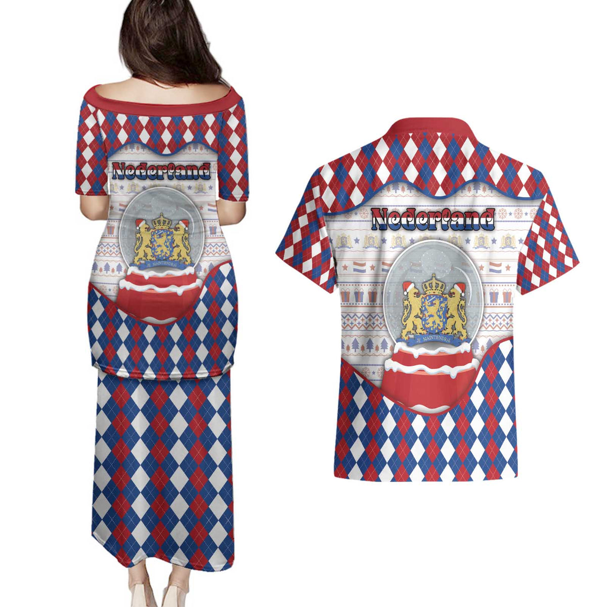 Netherlands Christmas Couples Matching Puletasi and Hawaiian Shirt Lion Symbol In Snow Globe - Wonder Print Shop