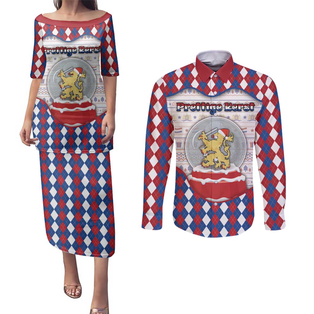 Netherlands Christmas Couples Matching Puletasi and Long Sleeve Button Shirt Lion Symbol In Snow Globe - Wonder Print Shop