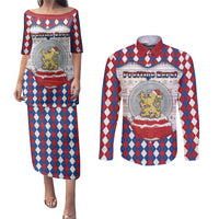 Netherlands Christmas Couples Matching Puletasi and Long Sleeve Button Shirt Lion Symbol In Snow Globe - Wonder Print Shop