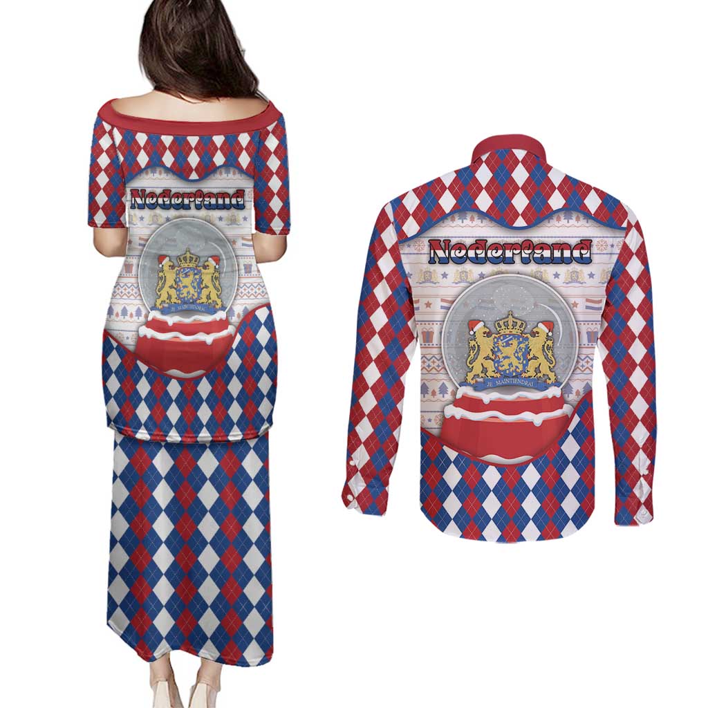 Netherlands Christmas Couples Matching Puletasi and Long Sleeve Button Shirt Lion Symbol In Snow Globe - Wonder Print Shop