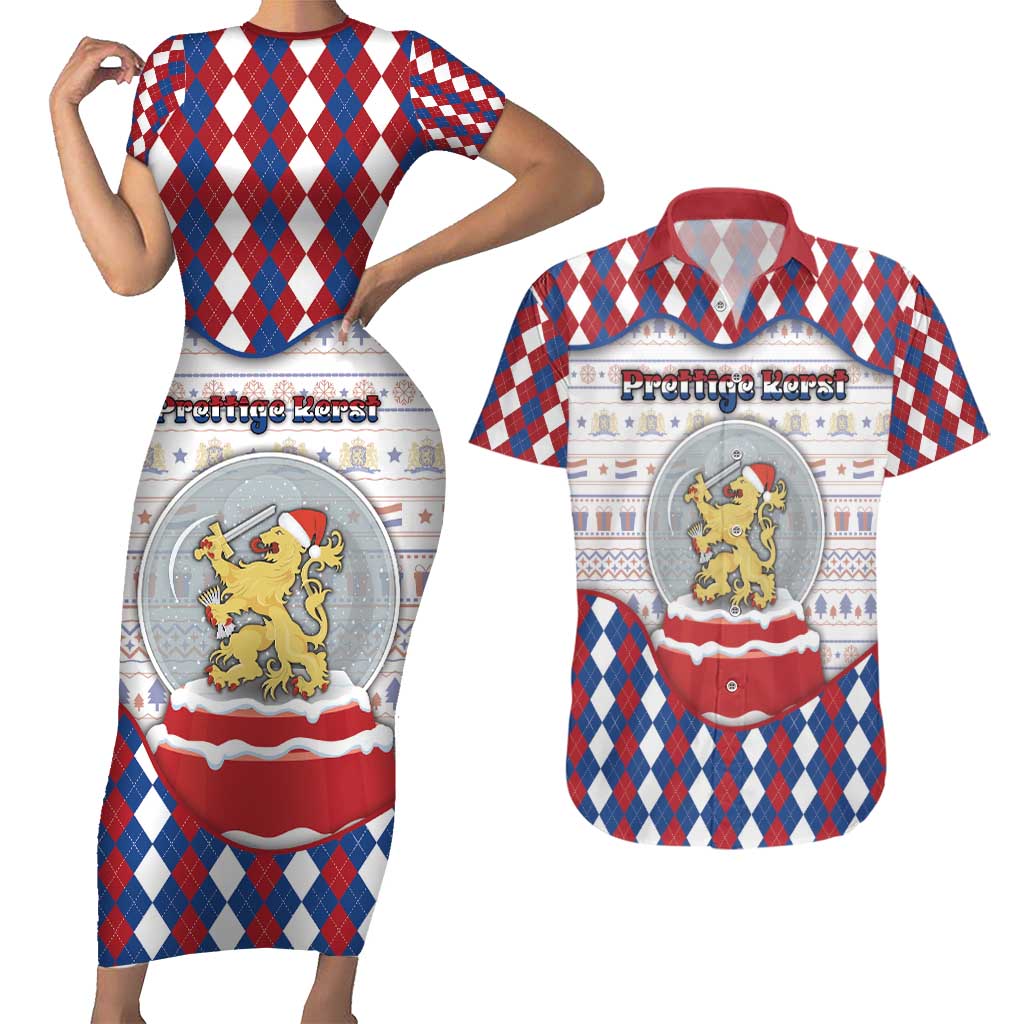 Netherlands Christmas Couples Matching Short Sleeve Bodycon Dress and Hawaiian Shirt Lion Symbol In Snow Globe - Wonder Print Shop