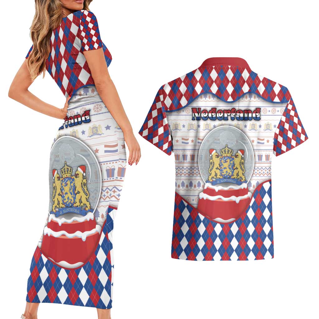 Netherlands Christmas Couples Matching Short Sleeve Bodycon Dress and Hawaiian Shirt Lion Symbol In Snow Globe - Wonder Print Shop