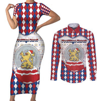 Netherlands Christmas Couples Matching Short Sleeve Bodycon Dress and Long Sleeve Button Shirt Lion Symbol In Snow Globe - Wonder Print Shop
