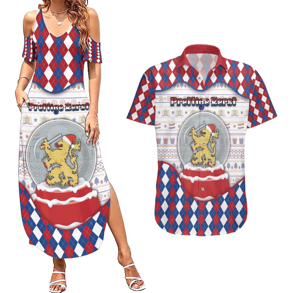 Netherlands Christmas Couples Matching Summer Maxi Dress and Hawaiian Shirt Lion Symbol In Snow Globe - Wonder Print Shop