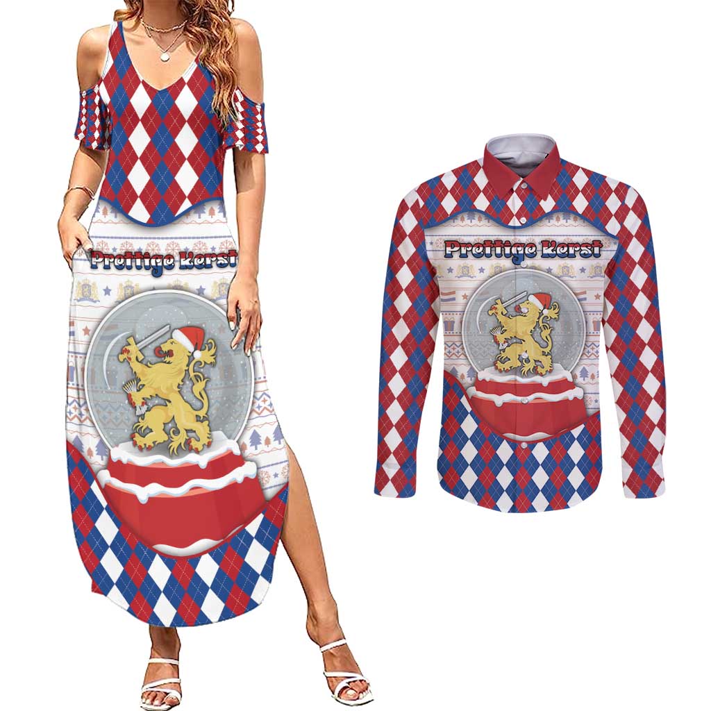 Netherlands Christmas Couples Matching Summer Maxi Dress and Long Sleeve Button Shirt Lion Symbol In Snow Globe - Wonder Print Shop