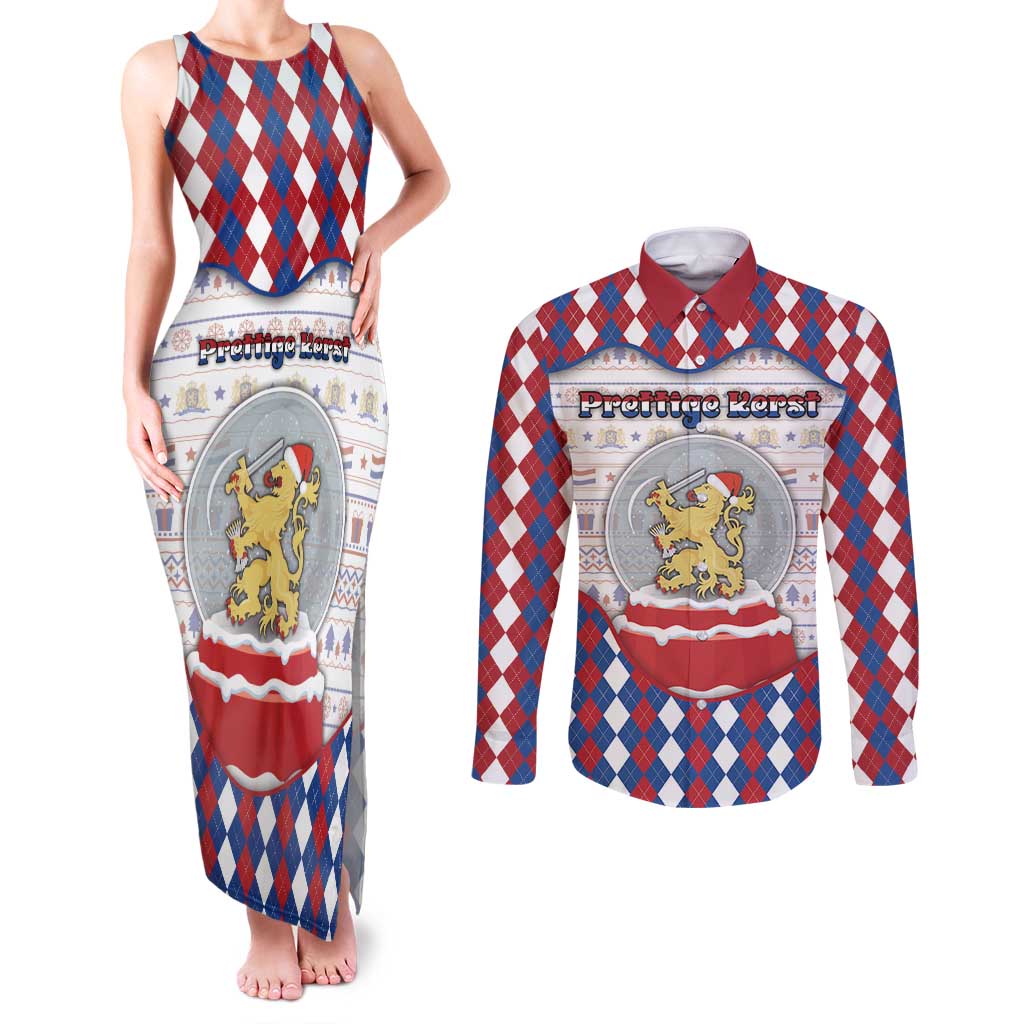 Netherlands Christmas Couples Matching Tank Maxi Dress and Long Sleeve Button Shirt Lion Symbol In Snow Globe - Wonder Print Shop