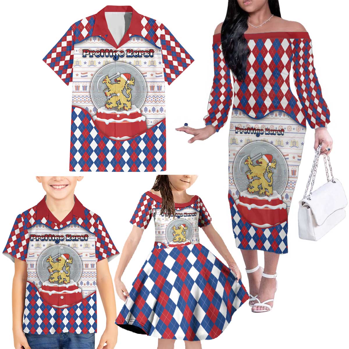 Netherlands Christmas Family Matching Off The Shoulder Long Sleeve Dress and Hawaiian Shirt Lion Symbol In Snow Globe - Wonder Print Shop