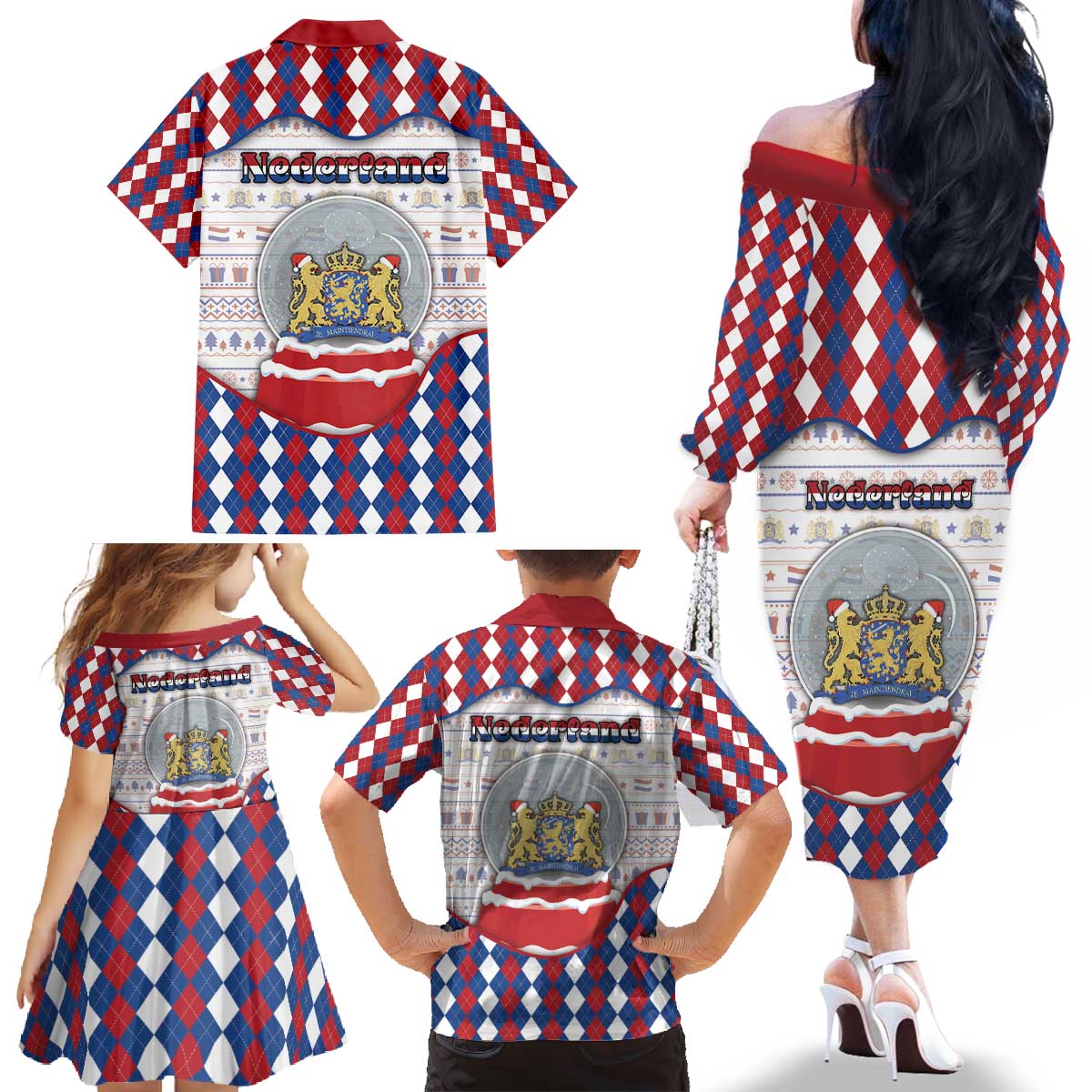 Netherlands Christmas Family Matching Off The Shoulder Long Sleeve Dress and Hawaiian Shirt Lion Symbol In Snow Globe - Wonder Print Shop