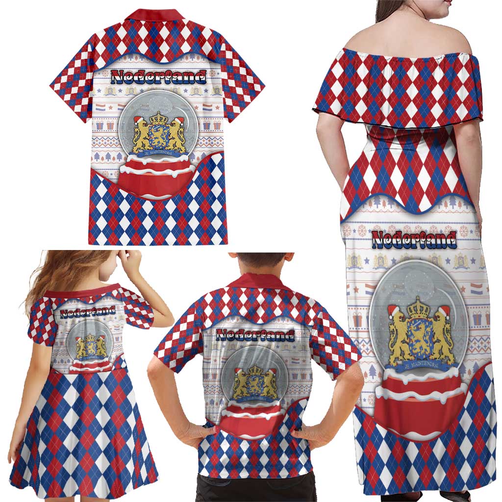 Netherlands Christmas Family Matching Off Shoulder Maxi Dress and Hawaiian Shirt Lion Symbol In Snow Globe - Wonder Print Shop