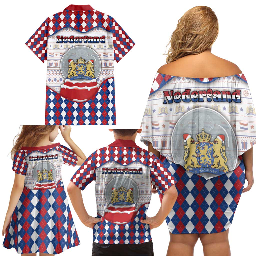 Netherlands Christmas Family Matching Off Shoulder Short Dress and Hawaiian Shirt Lion Symbol In Snow Globe - Wonder Print Shop