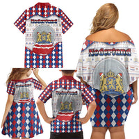 Netherlands Christmas Family Matching Off Shoulder Short Dress and Hawaiian Shirt Lion Symbol In Snow Globe - Wonder Print Shop